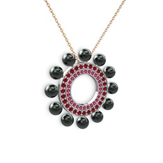 Siyah inci, rodolit garnet ve garnet 18 ayar beyaz altın kolye (40 cm rose altın rolo zincir)