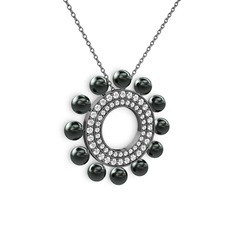 Siyah inci ve swarovski 925 ayar siyah rodyum kaplama gümüş kolye (40 cm gümüş rolo zincir)