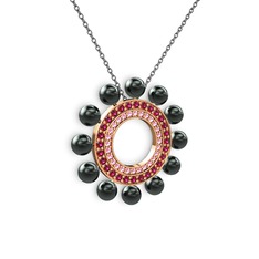Siyah inci, pembe kuvars ve rodolit garnet 14 ayar rose altın kolye (40 cm gümüş rolo zincir)