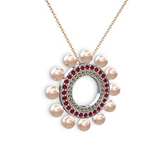 Pembe inci, dumanlı kuvars ve garnet 8 ayar beyaz altın kolye (40 cm rose altın rolo zincir)