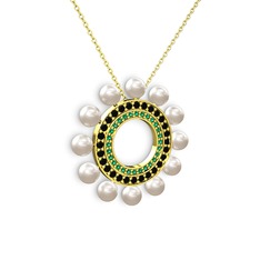 Velinda İnci Kolye - Inci, yeşil kuvars ve siyah zirkon 8 ayar altın kolye (40 cm altın rolo zincir) #1k10acg