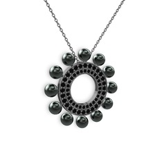 Velinda İnci Kolye - Siyah inci ve siyah zirkon 925 ayar siyah rodyum kaplama gümüş kolye (40 cm gümüş rolo zincir) #1k40j33