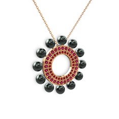 Siyah inci, garnet ve rodolit garnet 14 ayar rose altın kolye (40 cm rose altın rolo zincir)