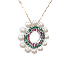 Inci, rodolit garnet ve yeşil kuvars 18 ayar beyaz altın kolye (40 cm rose altın rolo zincir)