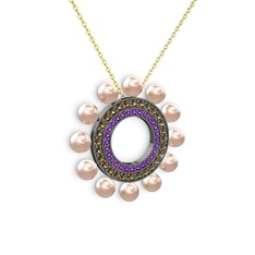 Velinda İnci Kolye - Pembe inci, ametist ve dumanlı kuvars 925 ayar siyah rodyum kaplama gümüş kolye (40 cm altın rolo zincir) #1ko1n92