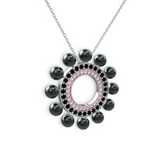 Velinda İnci Kolye - Siyah inci, pembe kuvars ve siyah zirkon 18 ayar beyaz altın kolye (40 cm beyaz altın rolo zincir) #1kxkjwx