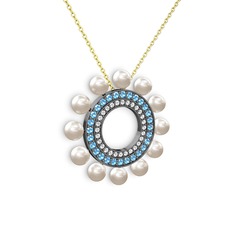 Velinda İnci Kolye - Inci, swarovski ve akuamarin 925 ayar siyah rodyum kaplama gümüş kolye (40 cm gümüş rolo zincir) #1kzl3lf