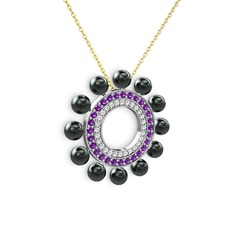 Velinda İnci Kolye - Siyah inci, swarovski ve ametist 14 ayar beyaz altın kolye (40 cm altın rolo zincir) #1l96osg