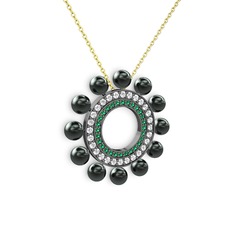 Velinda İnci Kolye - Siyah inci, yeşil kuvars ve pırlanta 925 ayar siyah rodyum kaplama gümüş kolye (0.2464 karat, 40 cm gümüş rolo zincir) #1li60n6