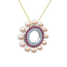 Pembe inci, akuamarin ve rodolit garnet 18 ayar beyaz altın kolye (40 cm altın rolo zincir)