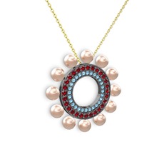 Velinda İnci Kolye - Pembe inci, akuamarin ve garnet 925 ayar siyah rodyum kaplama gümüş kolye (40 cm gümüş rolo zincir) #1lmjl9d