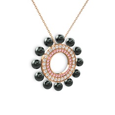 Siyah inci, pembe kuvars ve swarovski 14 ayar rose altın kolye (40 cm gümüş rolo zincir)