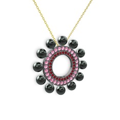 Velinda İnci Kolye - Siyah inci, garnet ve pembe kuvars 925 ayar siyah rodyum kaplama gümüş kolye (40 cm altın rolo zincir) #1lsc6db