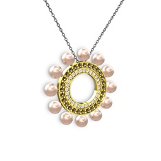 Pembe inci, swarovski ve dumanlı kuvars 8 ayar altın kolye (40 cm gümüş rolo zincir)