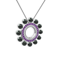 Velinda İnci Kolye - Siyah inci, pırlanta ve ametist 8 ayar beyaz altın kolye (0.42 karat, 40 cm gümüş rolo zincir) #1m5ri71