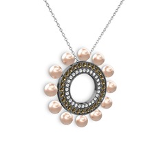 Velinda İnci Kolye - Pembe inci, swarovski ve dumanlı kuvars 925 ayar siyah rodyum kaplama gümüş kolye (40 cm beyaz altın rolo zincir) #1mjhthv