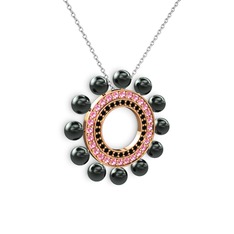 Siyah inci, siyah zirkon ve pembe kuvars 8 ayar rose altın kolye (40 cm beyaz altın rolo zincir)