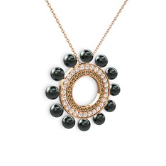 Siyah inci, dumanlı kuvars ve swarovski 18 ayar rose altın kolye (40 cm rose altın rolo zincir)