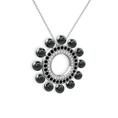 Velinda İnci Kolye - Siyah inci, swarovski ve siyah zirkon 18 ayar beyaz altın kolye (40 cm beyaz altın rolo zincir) #1n9pgxr