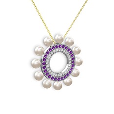 Inci, swarovski ve ametist 14 ayar beyaz altın kolye (40 cm altın rolo zincir)