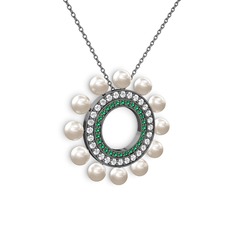 Velinda İnci Kolye - Inci, yeşil kuvars ve swarovski 925 ayar siyah rodyum kaplama gümüş kolye (40 cm gümüş rolo zincir) #1nkiazy
