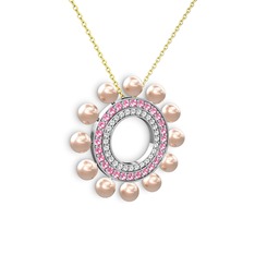 Pembe inci, pırlanta ve pembe kuvars 8 ayar beyaz altın kolye (0.42 karat, 40 cm gümüş rolo zincir)