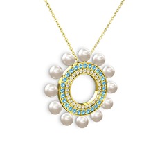 Velinda İnci Kolye - Inci, swarovski ve akuamarin 8 ayar altın kolye (40 cm altın rolo zincir) #1ny5sd1