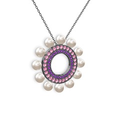 Velinda İnci Kolye - Inci, ametist ve pembe kuvars 925 ayar siyah rodyum kaplama gümüş kolye (40 cm gümüş rolo zincir) #1o145ec