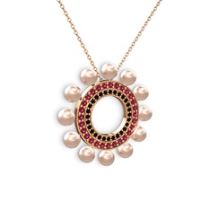 Pembe inci, siyah zirkon ve rodolit garnet 8 ayar rose altın kolye (40 cm rose altın rolo zincir)