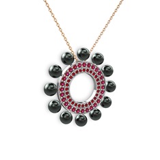 Siyah inci, garnet ve rodolit garnet 8 ayar beyaz altın kolye (40 cm rose altın rolo zincir)