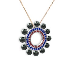 Velinda İnci Kolye - Siyah inci, garnet ve lab safir 8 ayar beyaz altın kolye (40 cm rose altın rolo zincir) #1p4mgec