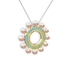 Velinda İnci Kolye - Pembe inci, swarovski ve akuamarin 18 ayar altın kolye (40 cm beyaz altın rolo zincir) #1pmek68