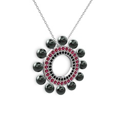 Velinda İnci Kolye - Siyah inci, siyah zirkon ve rodolit garnet 14 ayar beyaz altın kolye (40 cm beyaz altın rolo zincir) #1pu107u