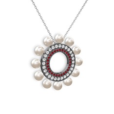 Velinda İnci Kolye - Inci, garnet ve swarovski 925 ayar siyah rodyum kaplama gümüş kolye (40 cm beyaz altın rolo zincir) #1q9dntk