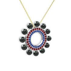 Velinda İnci Kolye - Siyah inci, lab safir ve garnet 18 ayar beyaz altın kolye (40 cm altın rolo zincir) #1qamlhh