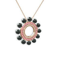 Velinda İnci Kolye - Siyah inci, swarovski ve pembe kuvars 8 ayar rose altın kolye (40 cm rose altın rolo zincir) #1qx0y57