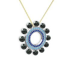 Siyah inci, lab safir ve akuamarin 925 ayar gümüş kolye (40 cm altın rolo zincir)