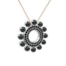 Velinda İnci Kolye - Siyah inci ve siyah zirkon 18 ayar beyaz altın kolye (40 cm rose altın rolo zincir) #1r7pcz4