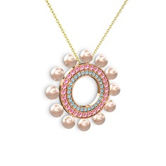 Pembe inci, akuamarin ve pembe kuvars 18 ayar rose altın kolye (40 cm gümüş rolo zincir)