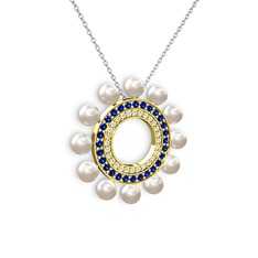 Velinda İnci Kolye - Inci, swarovski ve lab safir 18 ayar altın kolye (40 cm beyaz altın rolo zincir) #1royxcq