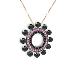 Velinda İnci Kolye - Siyah inci, siyah zirkon ve pembe kuvars 925 ayar siyah rodyum kaplama gümüş kolye (40 cm rose altın rolo zincir) #1sb0xug