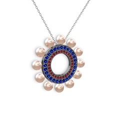 Pembe inci, garnet ve lab safir 925 ayar siyah rodyum kaplama gümüş kolye (40 cm beyaz altın rolo zincir)