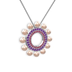 Pembe inci, rodolit garnet ve ametist 14 ayar beyaz altın kolye (40 cm gümüş rolo zincir)