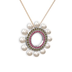 Inci, rodolit garnet ve dumanlı kuvars 18 ayar beyaz altın kolye (40 cm rose altın rolo zincir)