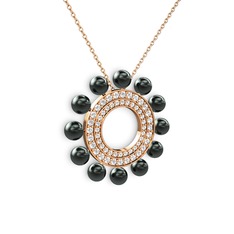 Siyah inci, pırlanta ve swarovski 14 ayar rose altın kolye (0.42 karat, 40 cm gümüş rolo zincir)