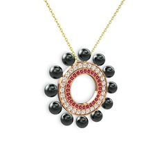 Siyah inci, rodolit garnet ve pırlanta 8 ayar rose altın kolye (0.2464 karat, 40 cm altın rolo zincir)