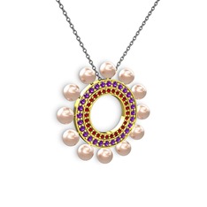 Velinda İnci Kolye - Pembe inci, garnet ve ametist 14 ayar altın kolye (40 cm gümüş rolo zincir) #1tbehag