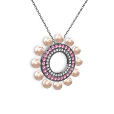 Velinda İnci Kolye - Pembe inci, swarovski ve pembe kuvars 925 ayar siyah rodyum kaplama gümüş kolye (40 cm gümüş rolo zincir) #1tmrxbh