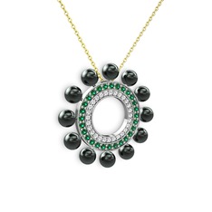Velinda İnci Kolye - Siyah inci, swarovski ve yeşil kuvars 14 ayar beyaz altın kolye (40 cm altın rolo zincir) #1toembn