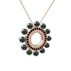 Velinda İnci Kolye - Siyah inci, swarovski ve siyah zirkon 8 ayar rose altın kolye (40 cm rose altın rolo zincir) #1txpldw